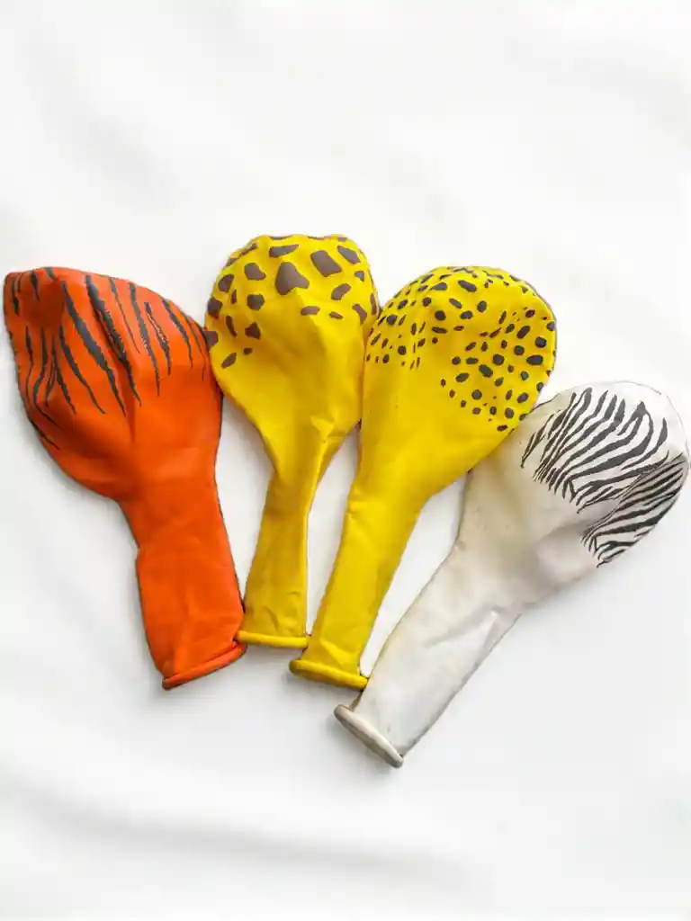 Paquete Por 12 Unidades De Globos Bombas R-12 Motivo Rayas De Cebra, Manchas De Jirafa, Colores Amarillo, Blanco Y Naranja