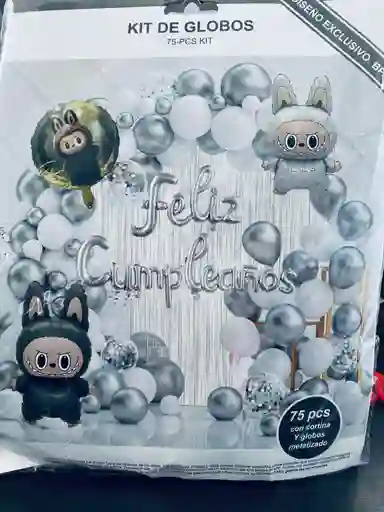 Bombas Globos Por 75 Piezas Tipo Arco Feliz Cumpleaños Colores Diseño Labubu Color Plateado Para Decoracion De Fiestas Niño, Hombre Y Mujer