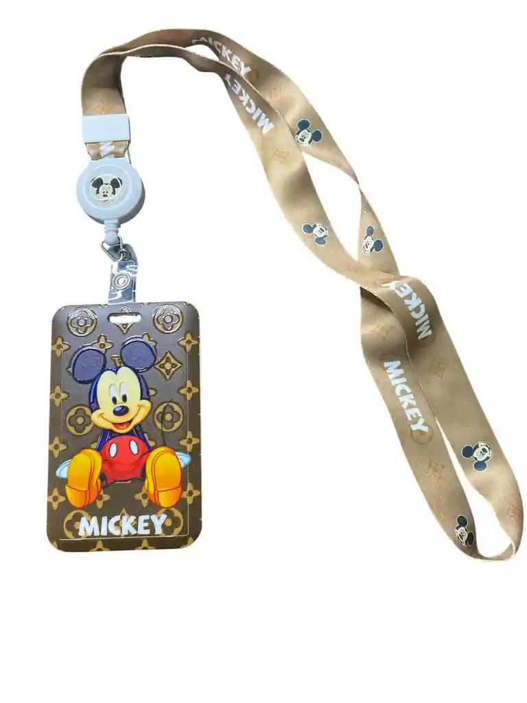 Portacarnet Con Diseño De Mickey Mouse, Con Cuerda Beige Personalizada Con Estampado De Mickey, Incluye Retractil Para Fácil Acceso