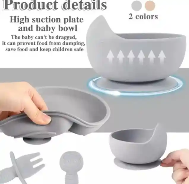 Kit Set Vajilla Alimentacion Silicona Gris Para Bebe 8 Piezas