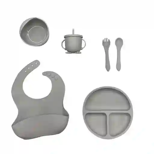 Kit Set Vajilla Alimentacion Silicona Gris Para Bebe 8 Piezas