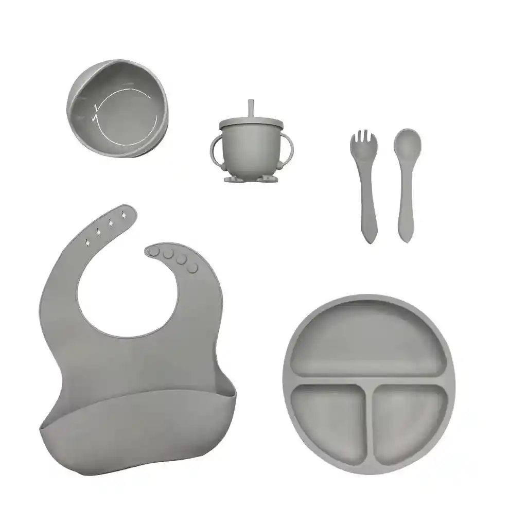 Kit Set Vajilla Alimentacion Silicona Gris Para Bebe 8 Piezas