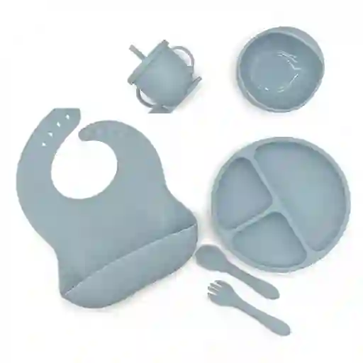 Kit Set Vajilla Alimentacion Silicona Azul Para Bebe 8 Piezas