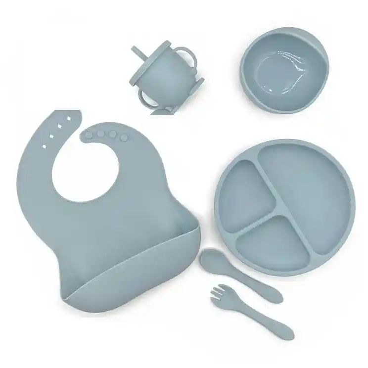 Kit Set Vajilla Alimentacion Silicona Azul Para Bebe 8 Piezas