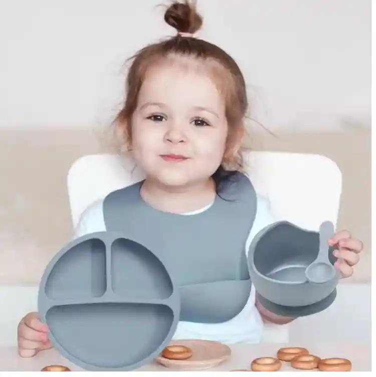 Kit Set Vajilla Alimentacion Silicona Azul Para Bebe 8 Piezas