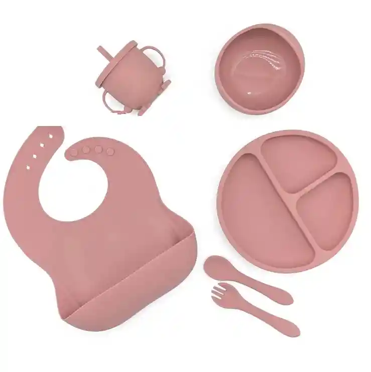 Kit Set Vajilla Alimentacion Silicona Rosa Para Bebe 8 Piezas
