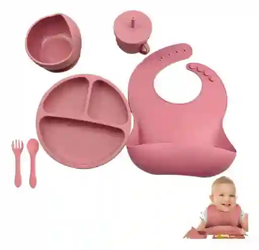 Kit Set Vajilla Alimentacion Silicona Rosa Para Bebe 8 Piezas