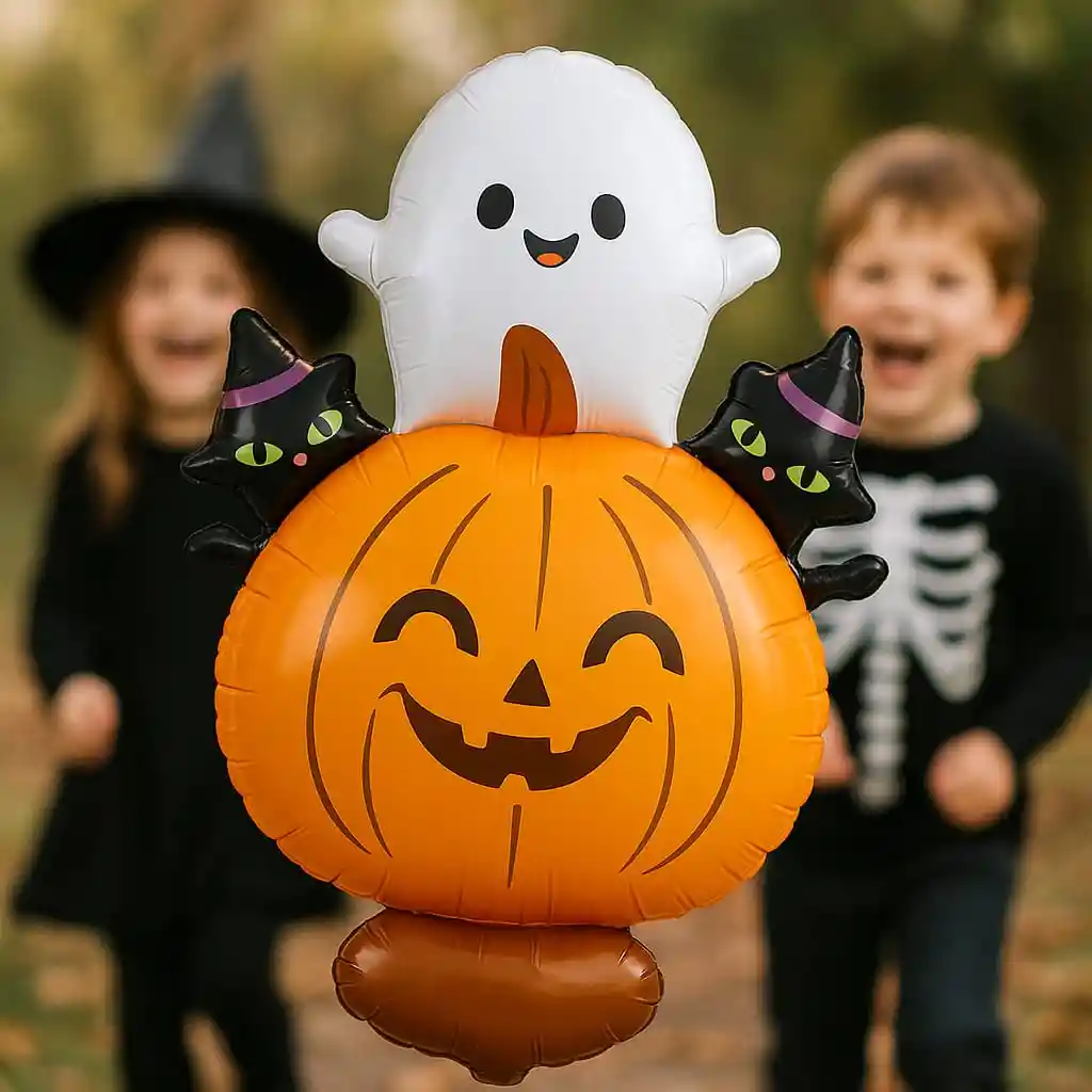 Globo Metalizado Halloween Fantasma Con Calabaza Y Gatos 95x62 Cm – Unidad