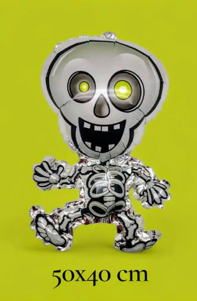 Globo Metalizado Esqueleto Blanco Decoración Halloween Mediano 50x40cm