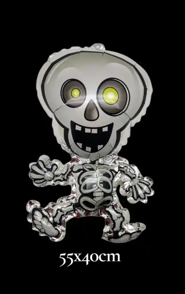 Globo Metalizado Esqueleto Blanco Decoración Halloween Mediano 50x40cm