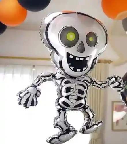 Globo Metalizado Esqueleto Blanco Decoración Halloween Mediano 50x40cm
