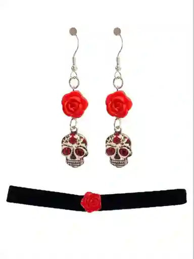 Juego De Aretes Y Choker Catrina Mexicana Hora Loca Carnaval Halloween