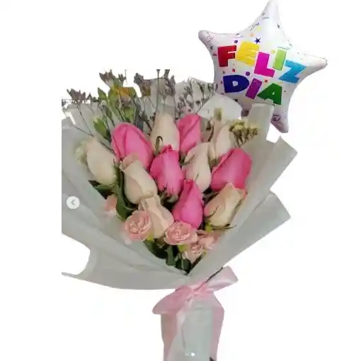 Ramo Alargado De 18 Rosadas Y Blancas Y Globo