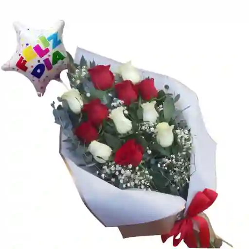 Ramo Alargado De 18 Rosas Rojas Y Blancas Con Globo