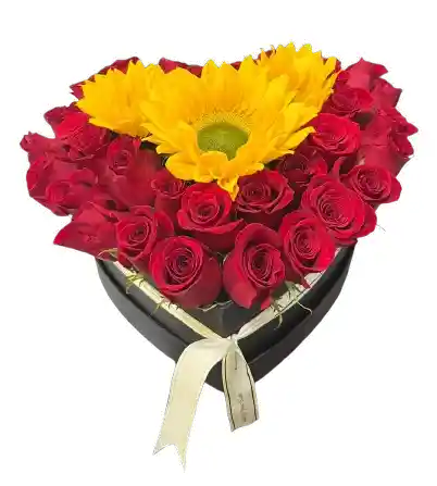 Caja Corazón Con Girasoles Y Rosas Rojas