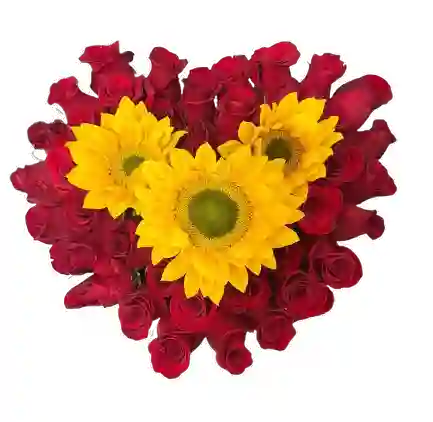Caja Corazón Con Girasoles Y Rosas Rojas