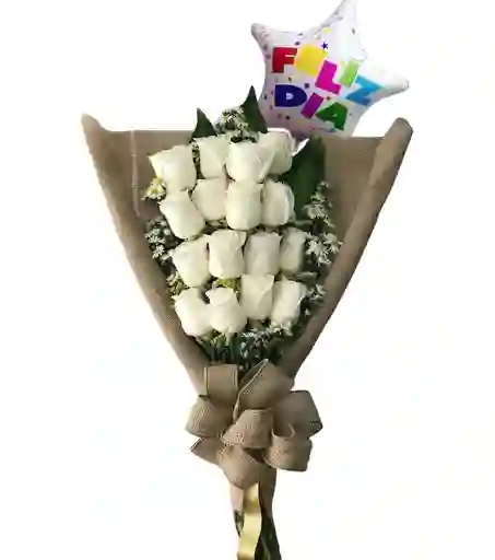 Ramo Alargado De 18 Rosas Blancas Con Globo