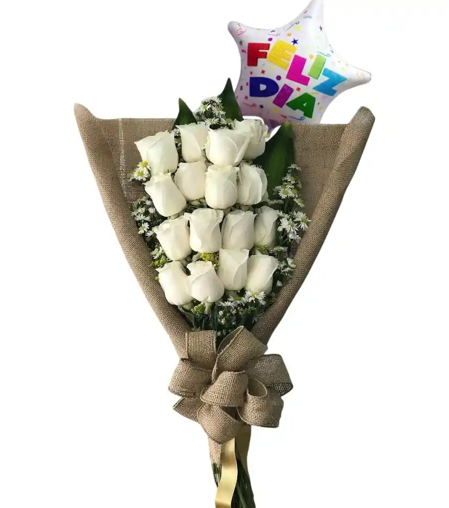 Ramo Alargado De 18 Rosas Blancas Con Globo