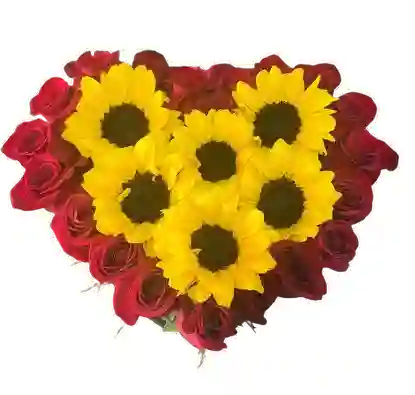 Caja Corazón Con Girasoles Y Rosas Rojas
