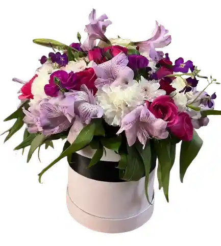 Caja Premium De Rosas Y Lirios Lilas