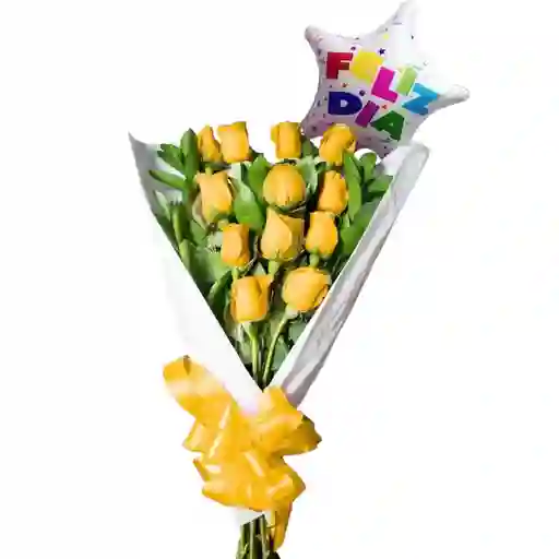 Bouquet Alargado De 18 Rosas Amarillas + Globo