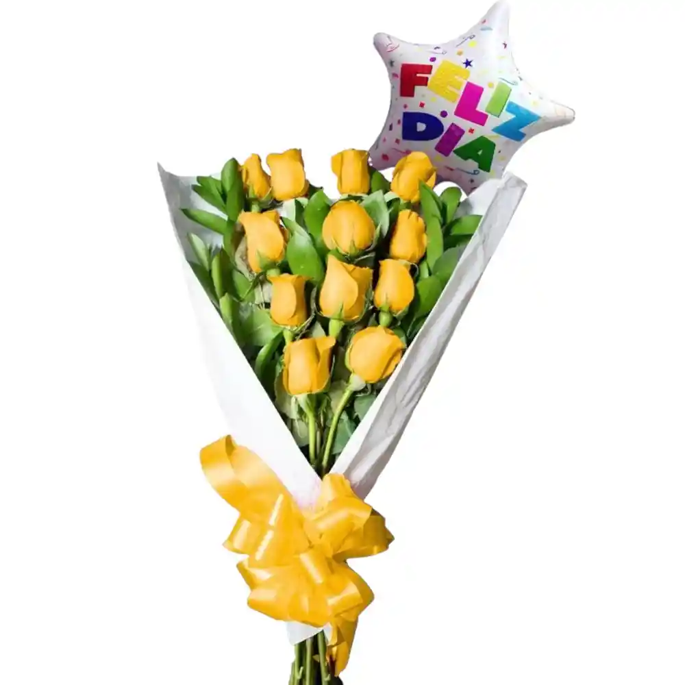 Bouquet Alargado De 18 Rosas Amarillas + Globo