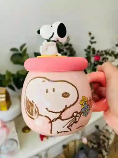 Mug Taza Pocillo Vaso Ceramica Motivo Snoopy Rosado