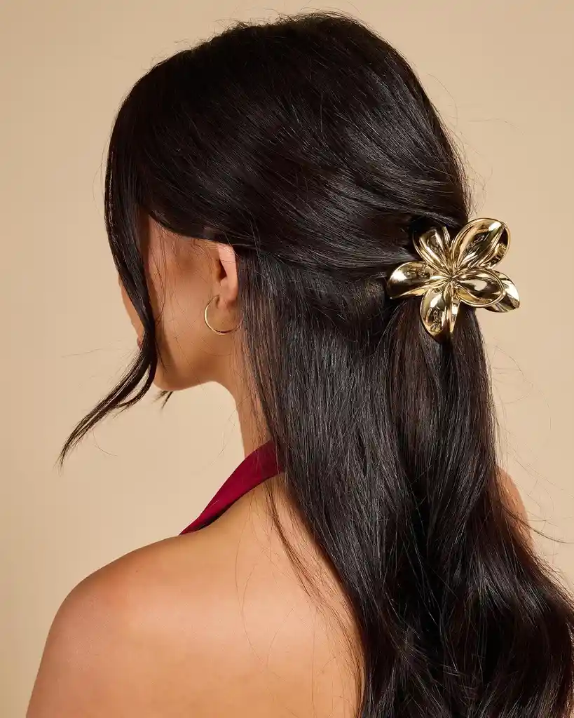 Pinza Gancho Caimán Flor Hawaiana Metalizada Para Cabello