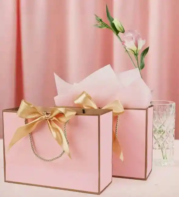 Bolsa De Regalo Papel Metalico Con Asa De Lujo Rosada Grande