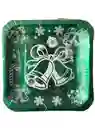Plato Cartón Cuadrado Navideño Verde Campanas X 12 Unds