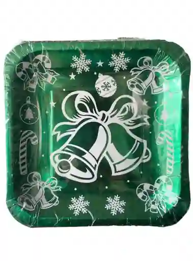Plato Cartón Cuadrado Navideño Verde Campanas X 12 Unds
