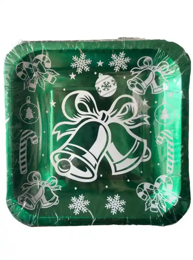 Plato Cartón Cuadrado Navideño Verde Campanas X 12 Unds
