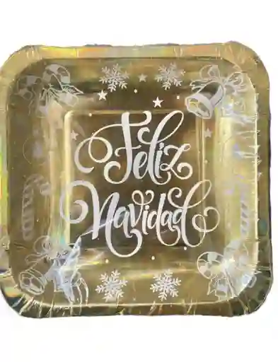 Plato Cartón Navideño Cuadrado X 12 Uds Dorado
