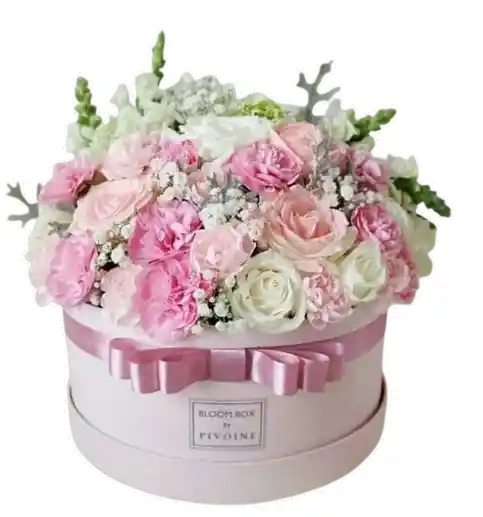Caja Redonda Pastel – Rosas Rosadas Y Blancas