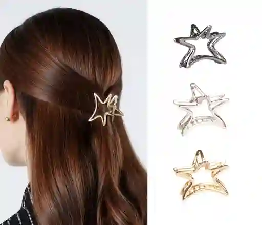 Pinza Caimán Gancho Estrellas Metalizadas Cabello Set X 3