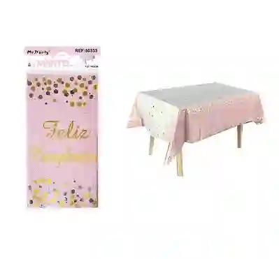 Mantel Fiesta Metalizado Feliz Cumpleaños Rosado Con Puntos Y Letrero 183*137