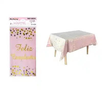 Mantel Fiesta Metalizado Feliz Cumpleaños Rosado Con Puntos Y Letrero 183*137