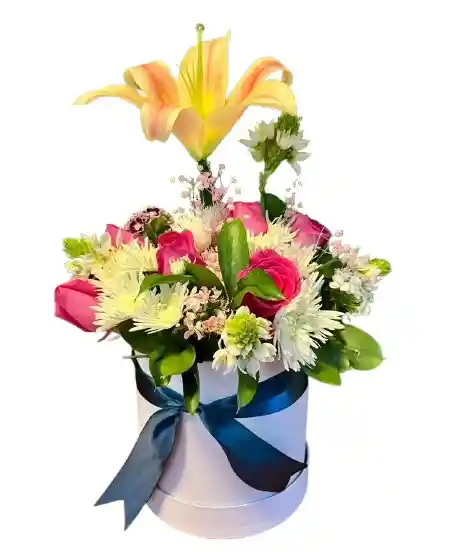 Caja Blanca – Lirio Durazno Y Rosas Fucsia