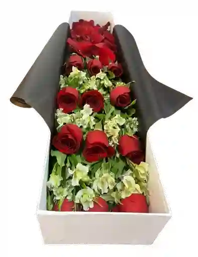 Caja Rectangular Blanca – Rosas Rojas Y Alstroemerias