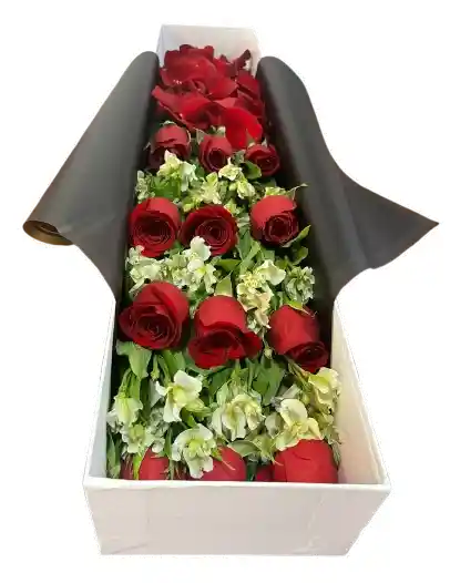 Caja Rectangular Blanca – Rosas Rojas Y Alstroemerias