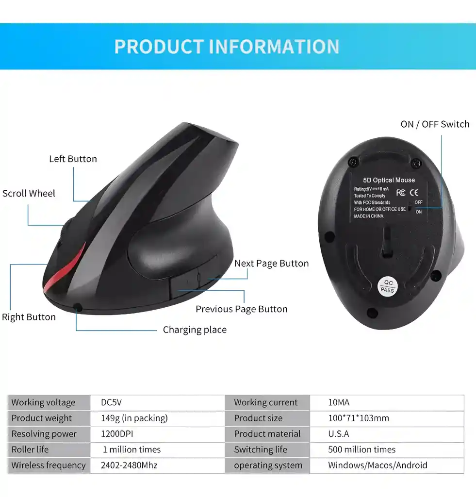 Mouse Óptico Ergonómico Vertical Para Computadora Curacion (81310803)