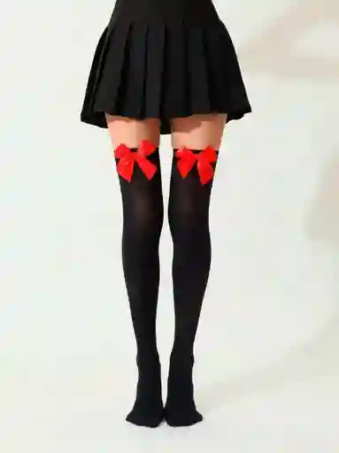 Media Liguero Color Negro Con Moño Rojo Cosplay Halloween