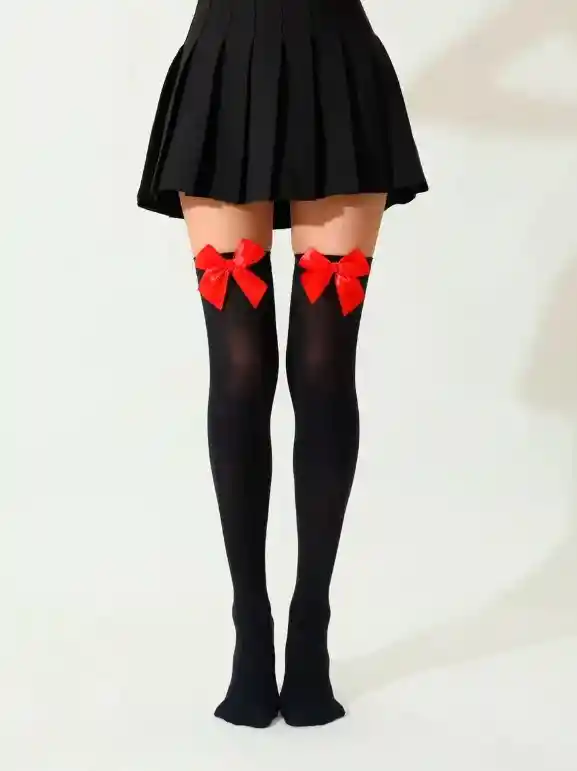 Media Liguero Color Negro Con Moño Rojo Cosplay Halloween
