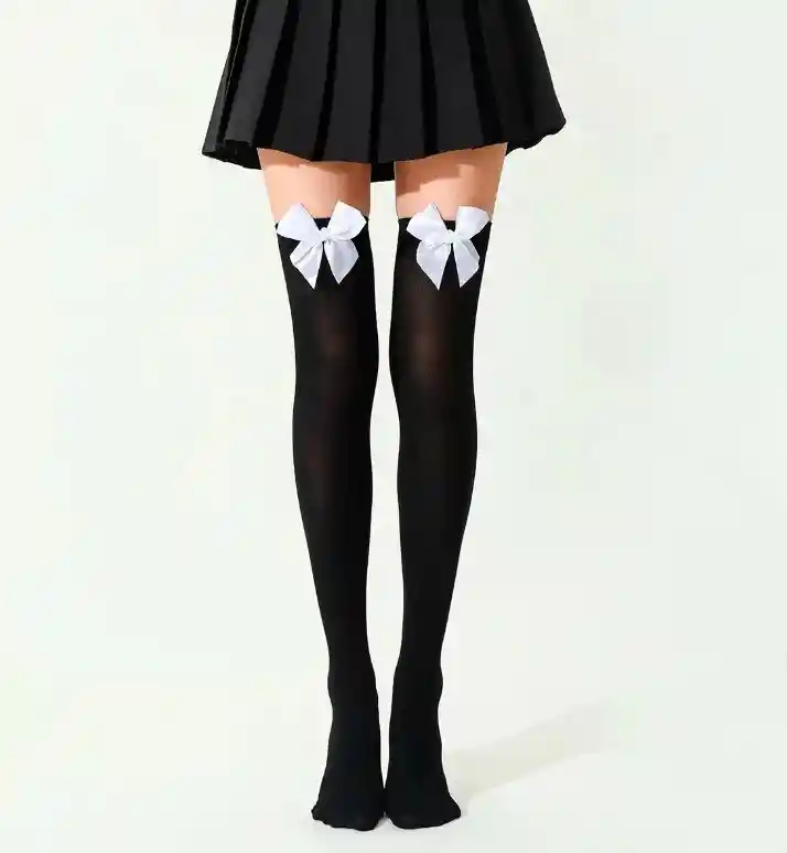Media Liguero Color Negro Con Moño Blanco Cosplay Halloween