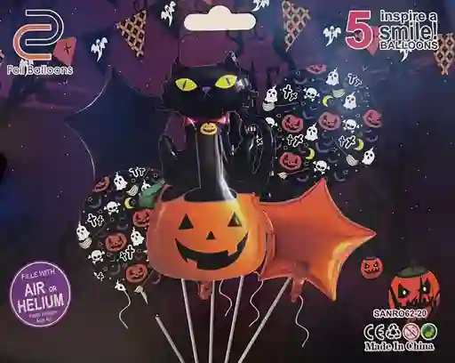 Bouquet De Globos Gato Calabaza Halloween X 5 Piezas Ref. 1