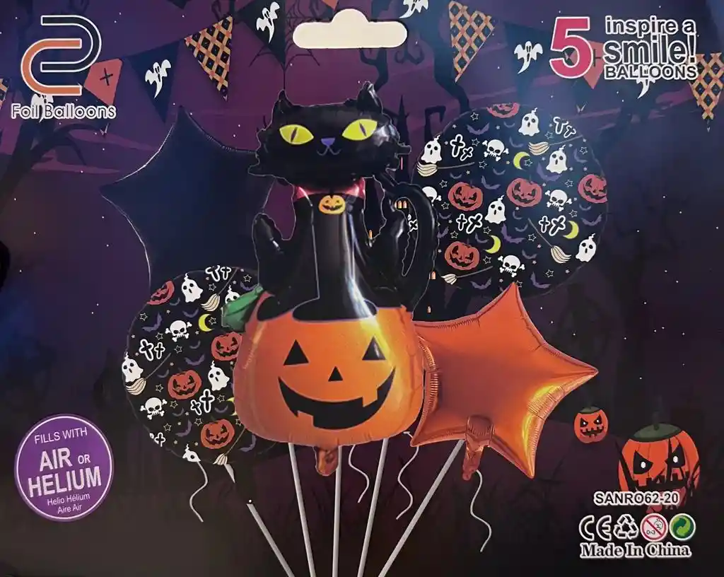 Bouquet De Globos Gato Calabaza Halloween X 5 Piezas Ref. 1