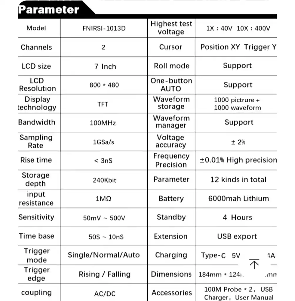 Fnirsi Osciloscopio 1013d Osciloscopio Portátil