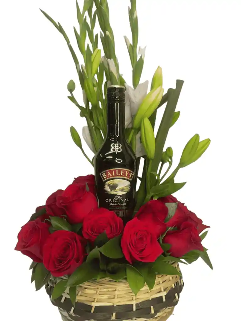 Arreglo Canasta Con Rosa Y Media De Baileys