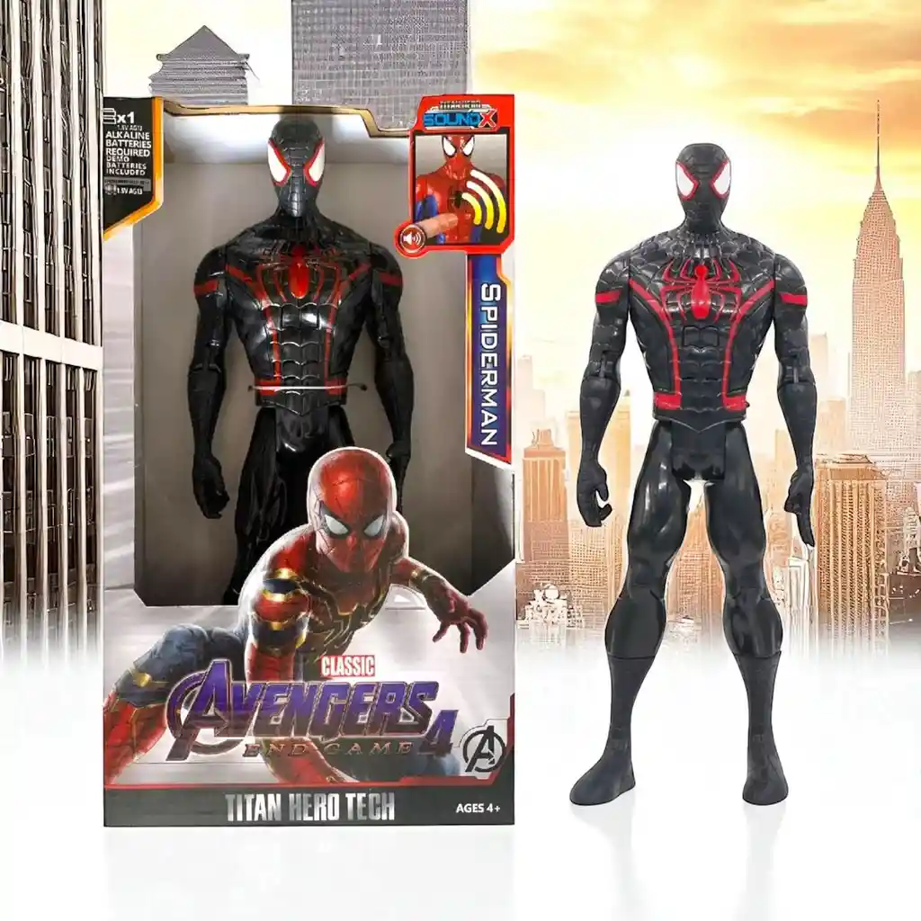 Muñeco Figura Acción Super Héroe Avengers Spiderman Negro / Luz Y Sonido/ 30 Cm Heroe Vengadores