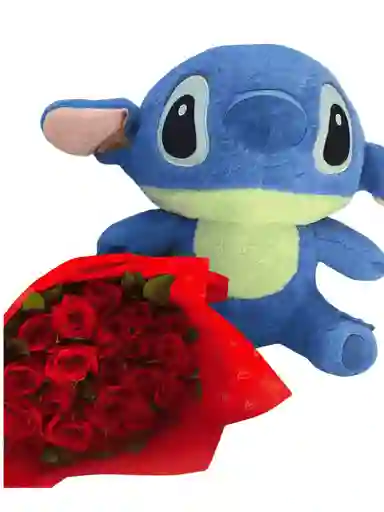 Bouquet Con Peluche De Stitch Y 24 Rosas Rojas